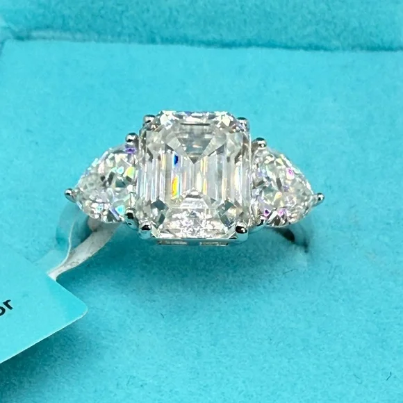 7.40 CTW Moissanite Three Stone Asscher Cut Ring 925 Silver Size 8 NWT - Picture 15 of 17